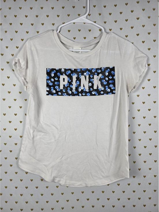 PINK Victoria's Secret Tops - Victorias Secret PINK Floral White Logo Tee shirt MEDIUM